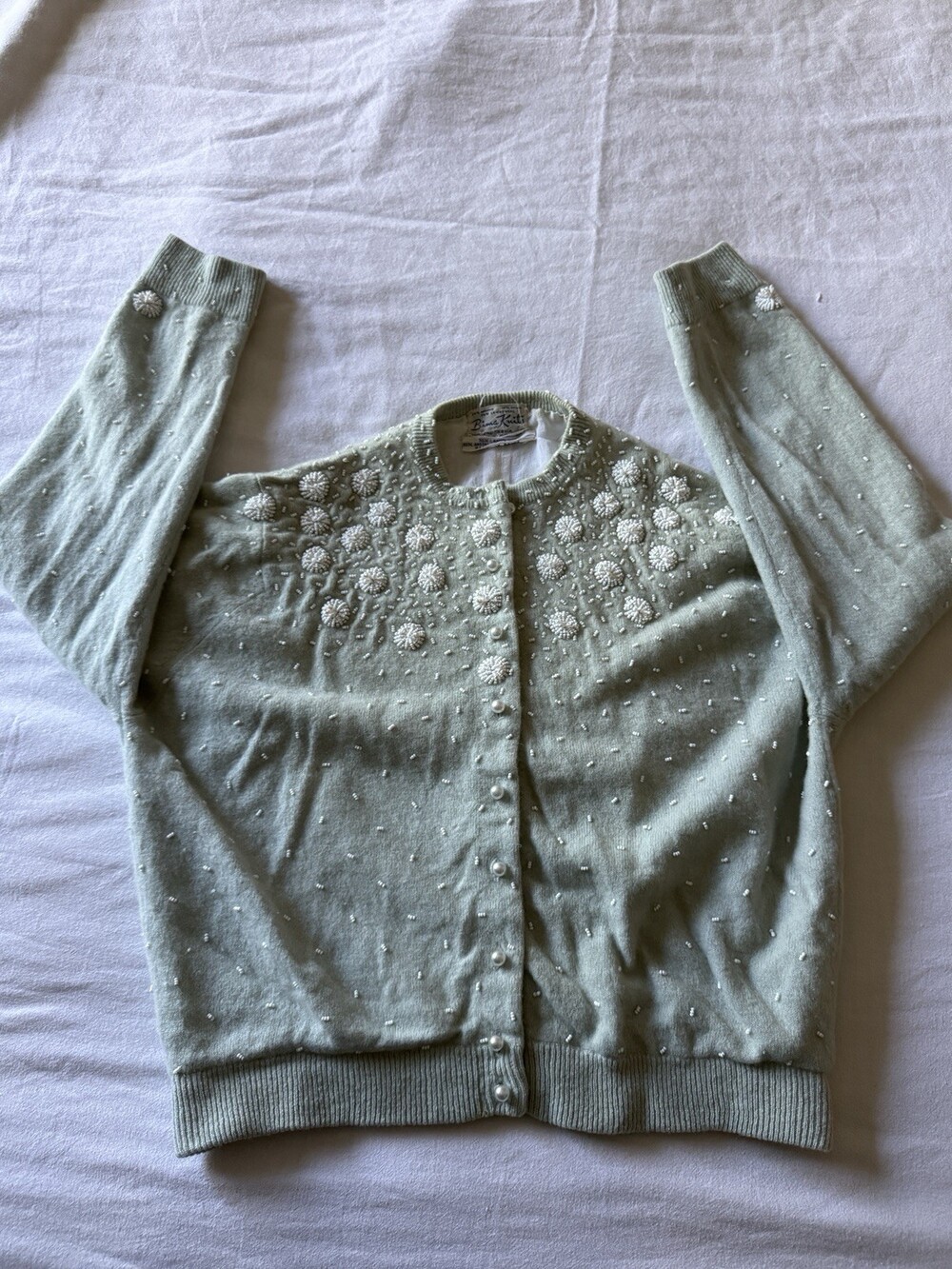 Vtg 50s Bima Knits Beaded Cardigan Sweater Mint Green Lambswool Angora S Japan